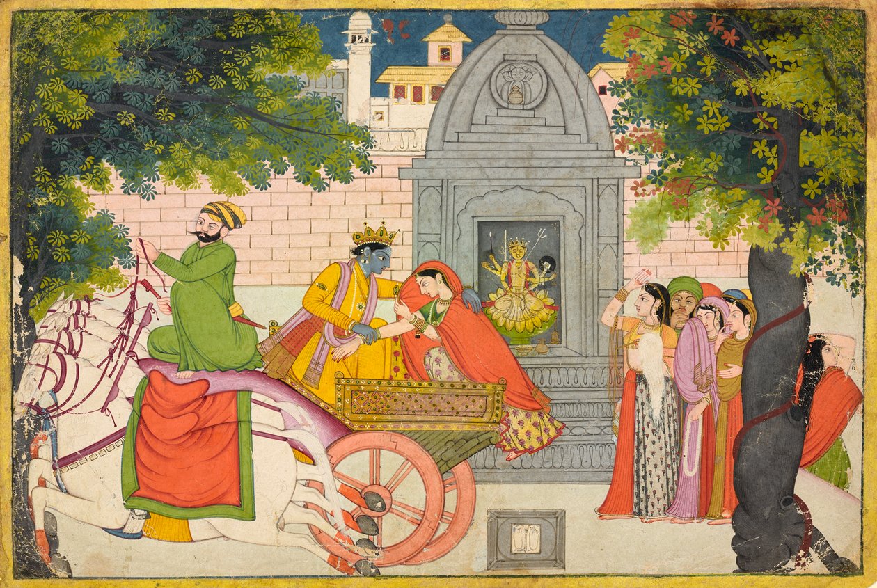 Rukmini ucieka z Kryszną, folio z <em>Bhagavata Purany</em> autorstwa Unknown artist