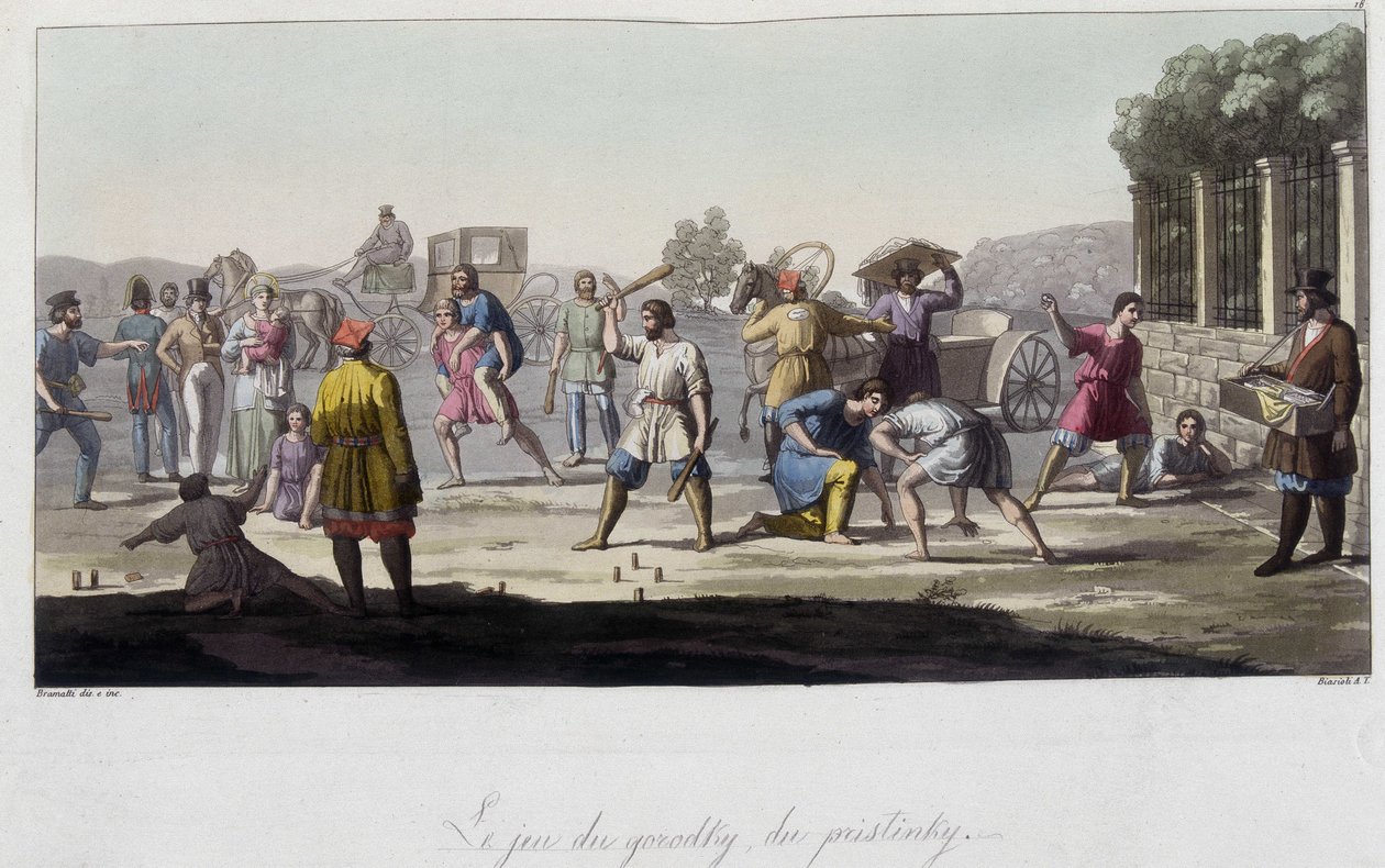 Rosyjskie gry Gorodky i Pristinsky i inne rozrywki, Rosja. W „”Stary i nowoczesny kostium””” 1819-1820 autorstwa Ferrario. autorstwa Unknown artist