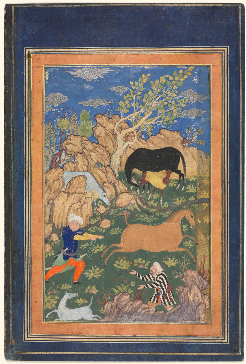 Rustam Lassoing swojego konia, Rakhsh, w krajobrazie (recto) autorstwa Unknown artist