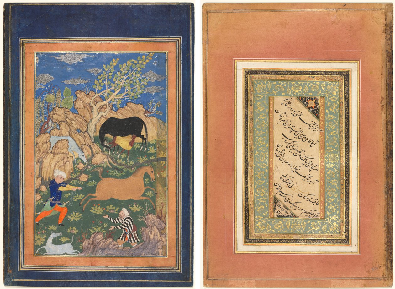Rustam Lassoing swojego konia, Rakhsh, w krajobrazie (recto); Kaligrafia, wersety perskie (verso) autorstwa Unknown artist