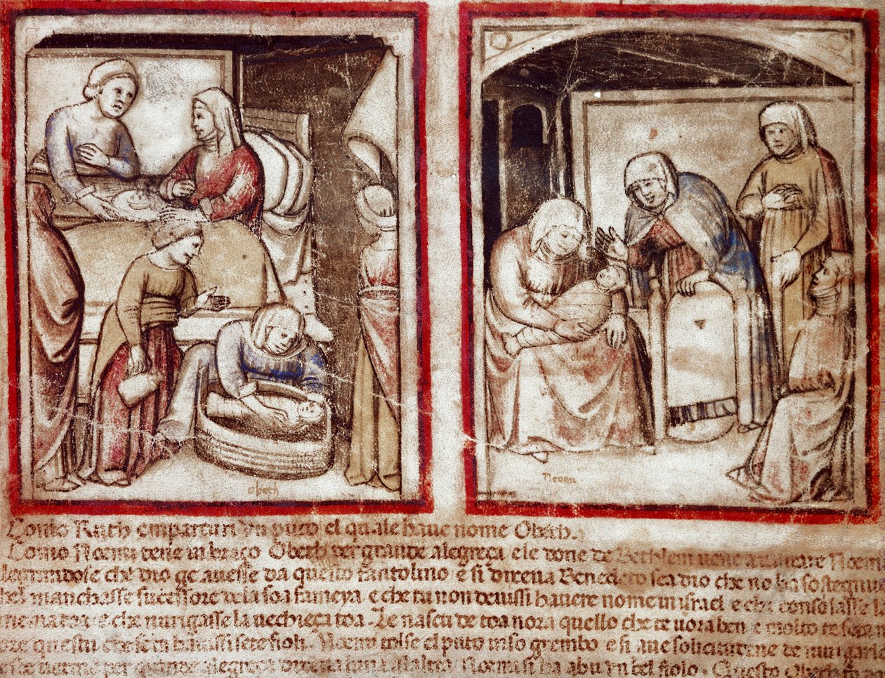 Ruth rodzi Obeda (Obetha) syna Boaza (Boaza) Miniatura z Kodeksu 212 (lub Kodeksu Padovańskiego lub Biblii Padewskiej) 1390-1400 Rovigo, Accademia dei Concordi autorstwa Unknown artist