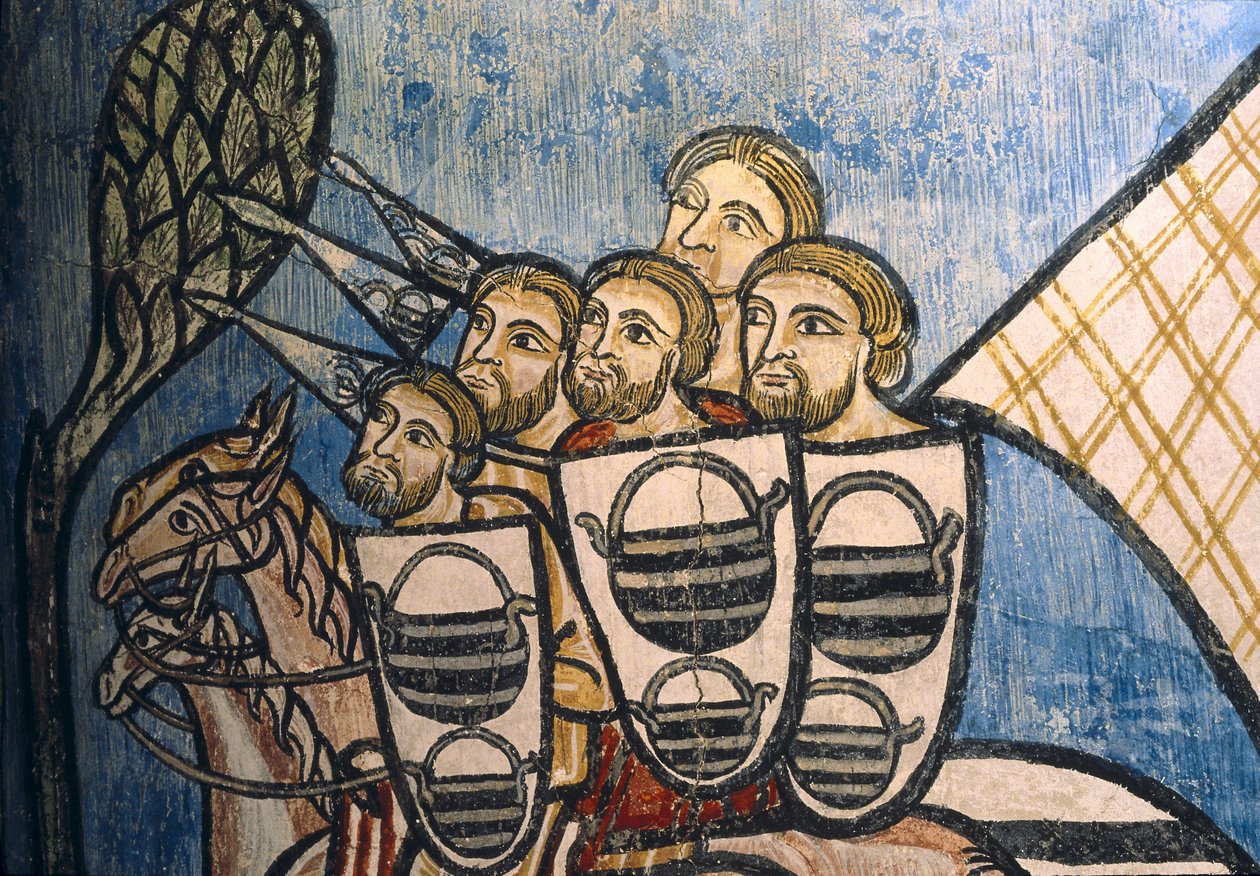 HISZPANIA. KASTYLIA I LEON. Valladolid. Klasztor San Bernardo de Valbuena. Grupa chrześcijańskich żołnierzy na koniach. Szkoła kastylijska. XIV wiek. Fresk przedstawiający "La Reconquista". Sztuka gotycka autorstwa Unknown artist