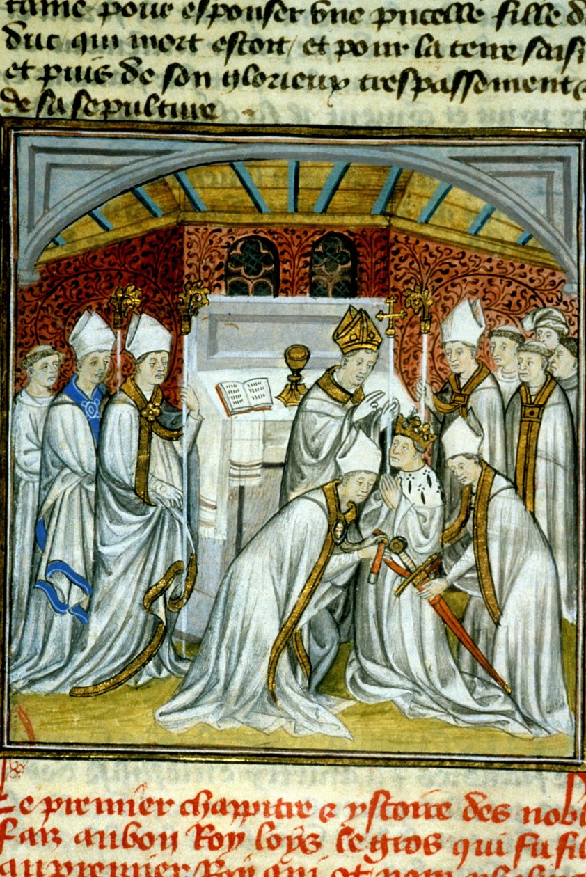 Sacre of Louis VI (1108) - Iluminacja rękopisu na welinie średniowiecza „Wielkie Kroniki Saint-Denis” koniec XIV wieku (ref.512 autorstwa Unknown artist
