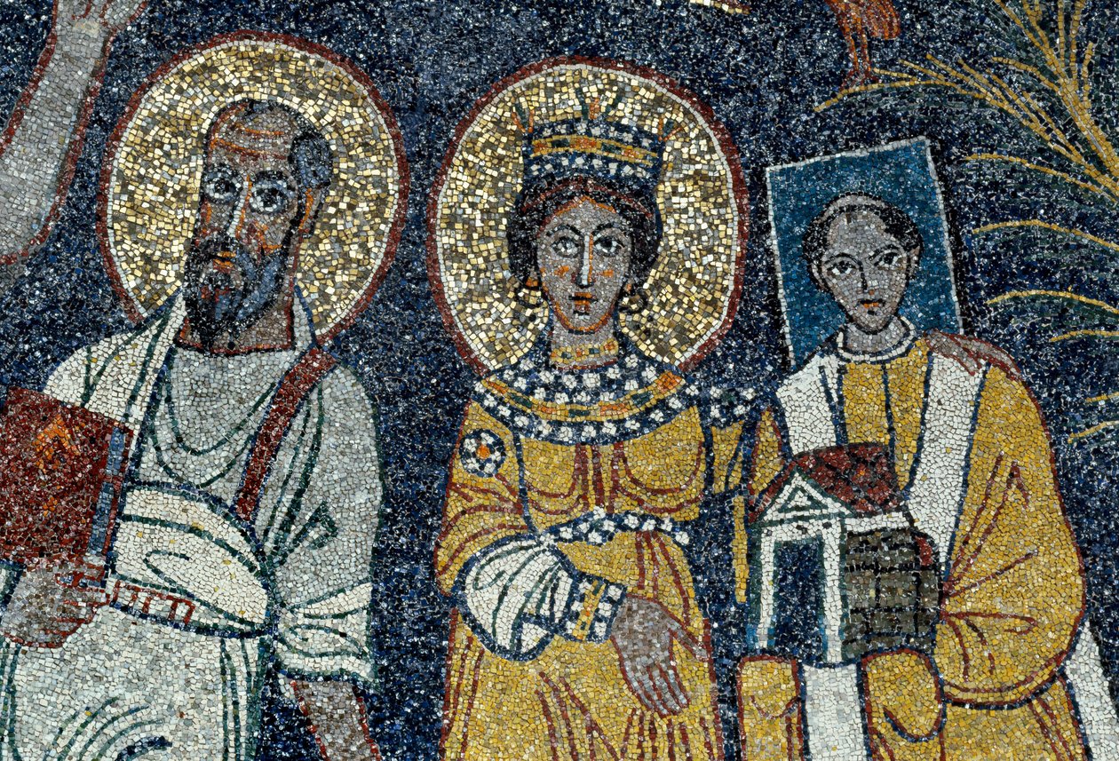 Saint Paul, Saint Cecile i Saint Pascal Szczegół Chrystusa i sześciu świętych. Anonimowa mozaika, 821. Rzym Basilica di Santa Cecilia in Trastevere autorstwa Unknown artist