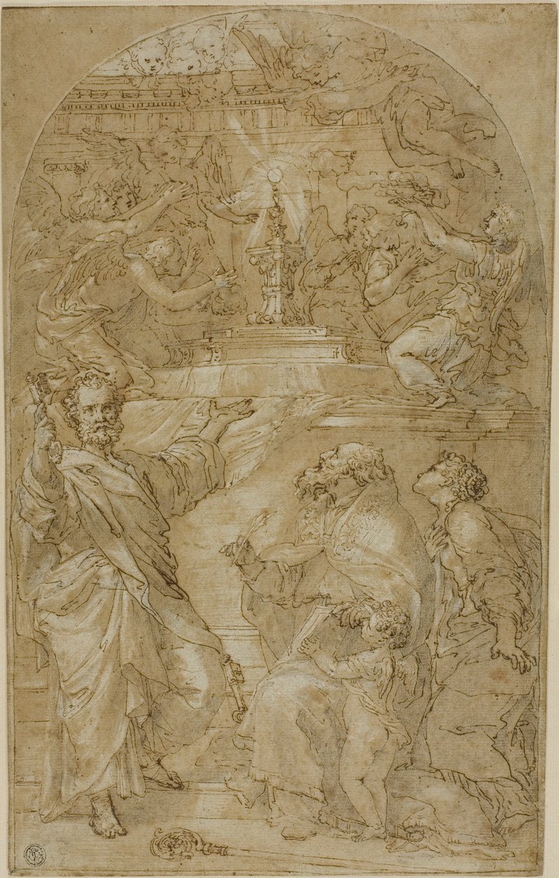 Święty Piotr, Święty Augustyn i Święta Kobieta w adoracji Eucharystii autorstwa Unknown artist