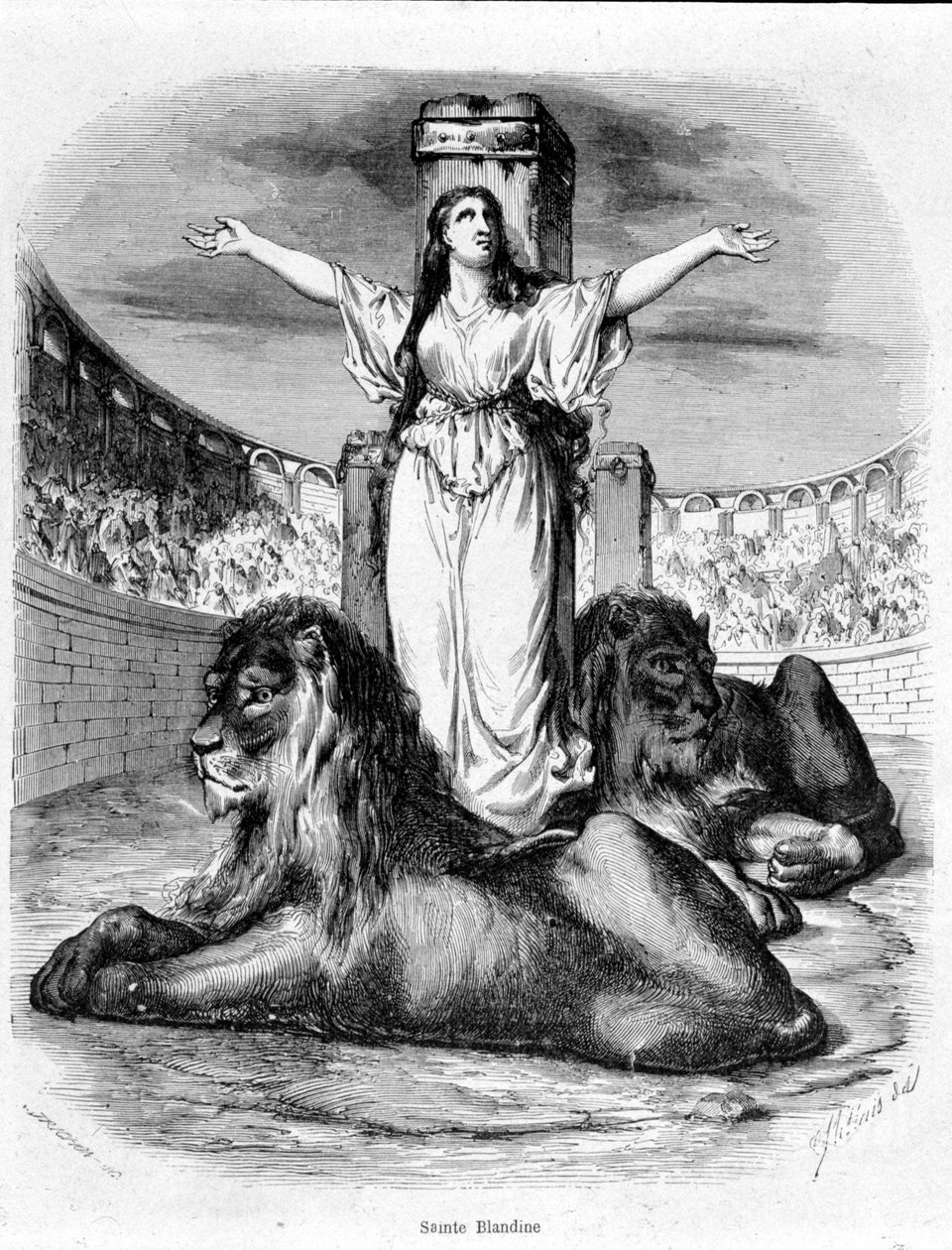 Sainte Blandine na arenie, lwy leżące u jego stóp (prześladowania chrześcijańskie w Lyonie) - w „Histoire des Popes” Maurice Lachatre autorstwa Unknown artist