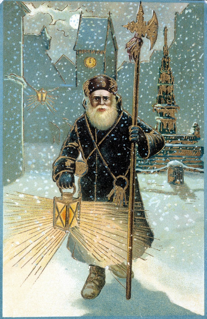 Święty Mikołaj w nocy z latarnią. Pocztówka z XIX wieku. autorstwa Unknown artist