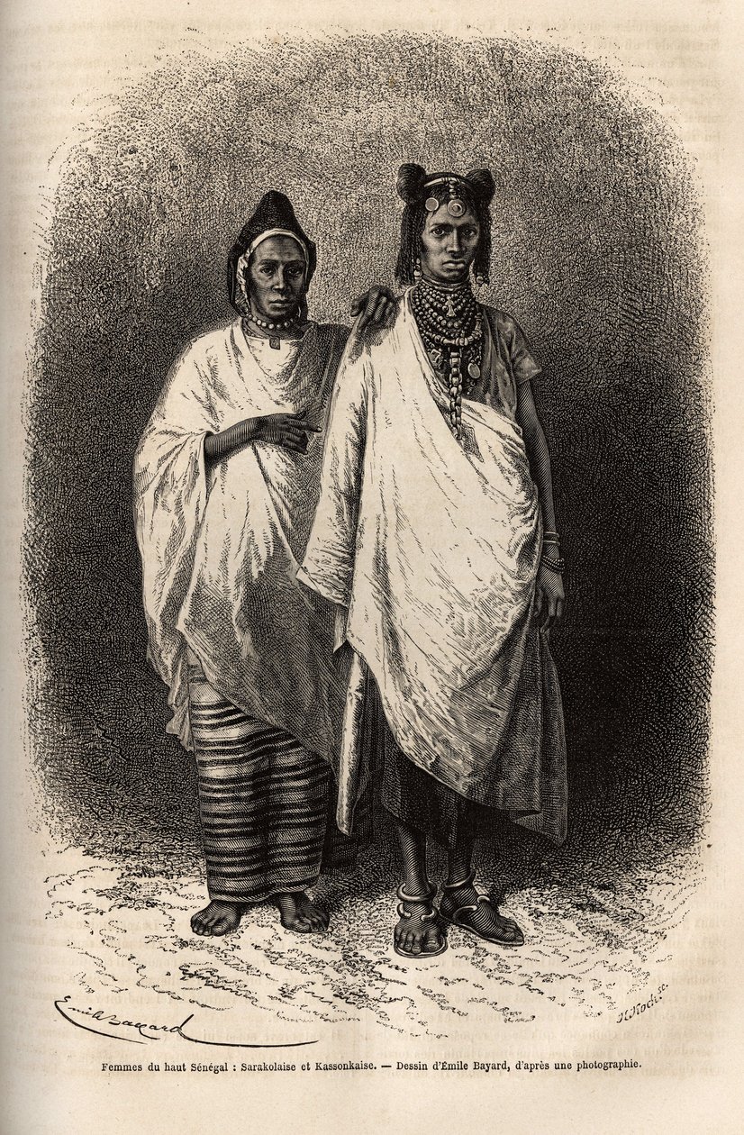 Sarakoleki i Kassonkeski, ludność Górnego Senegalu, w tradycyjnych strojach. Rycina ilustrująca rejs po wybrzeżu Afryki, wiceadmirała Fleuriot de Langle, w 1868 r., opublikowana w „” Le tour du monde””” 1872, pod redakcją Edouarda Chartona autorstwa Unknown artist