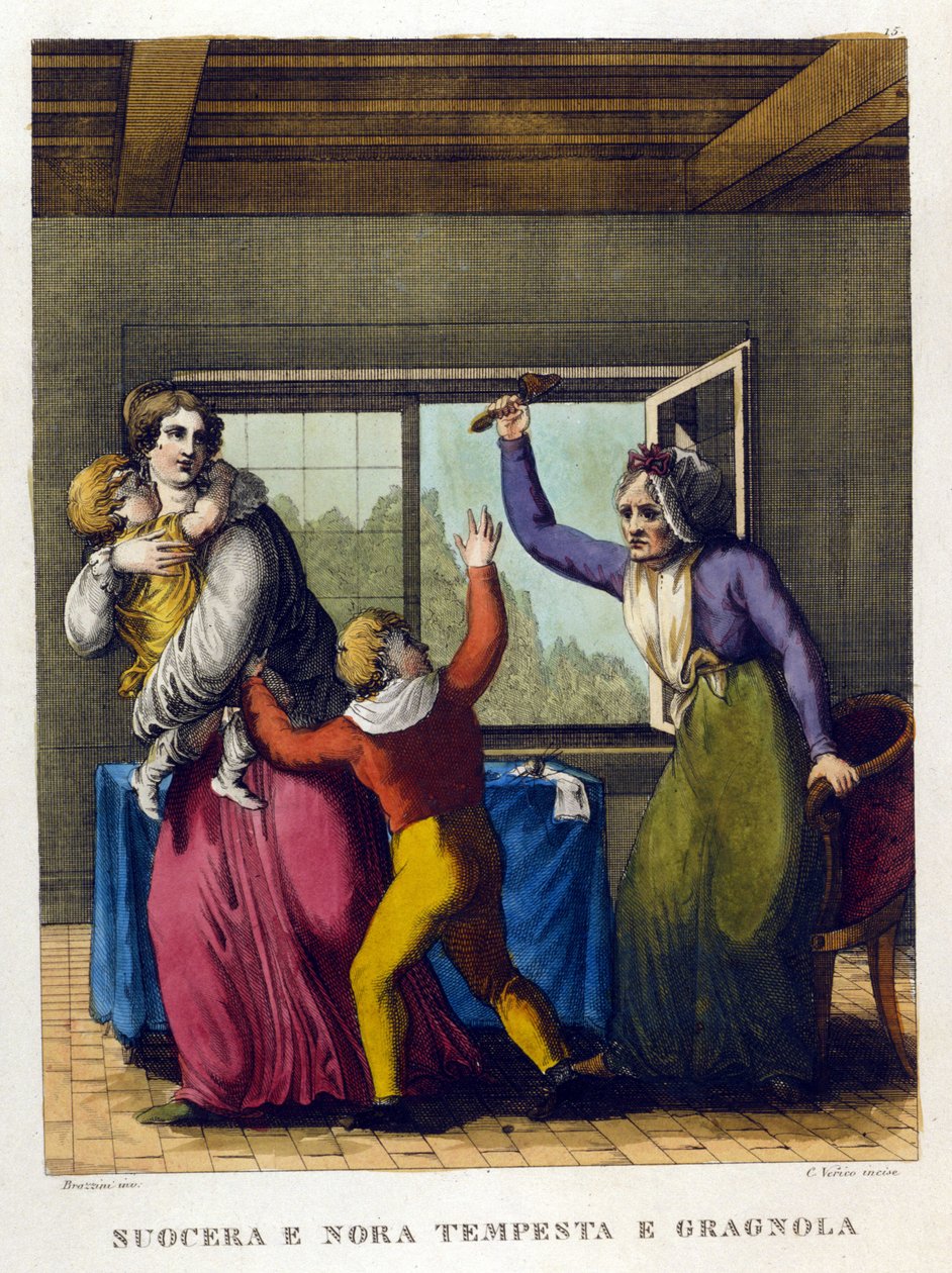 Przysłowia: „”Piękna mama i córka, tempete i grele””. Ilustracja ze zbioru przysłów z XVIII wieku. autorstwa Unknown artist