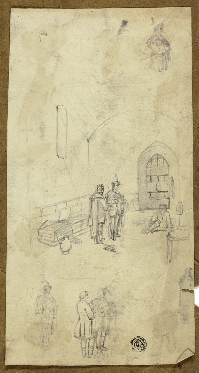 Scena w celi więziennej ze szkicami innych postaci autorstwa Unknown artist