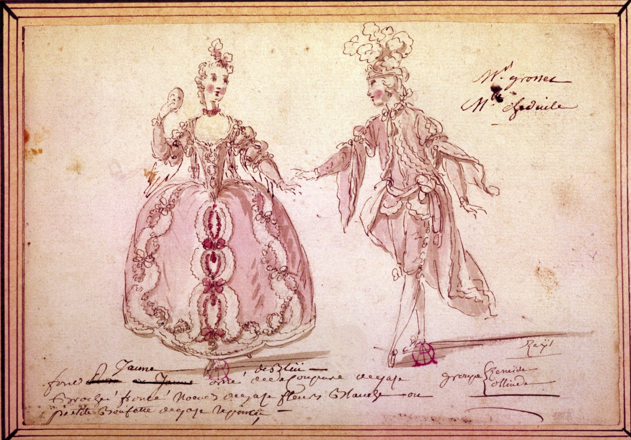Scenografia: rysunek kostiumów do pasterskiego „Nais” Jeana Philippe (Jean-Philippe) Rameau (1683-1764) 1764. Akwarela. autorstwa Unknown artist