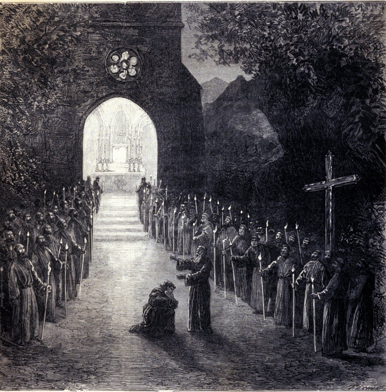 Scenografia do ostatniej sceny II aktu do opery „La forza del destino” (Siła przeznaczenia) włoskiego kompozytora Giuseppe Verdiego (1813-1901) do wykonania w Operze Paryskiej autorstwa Unknown artist