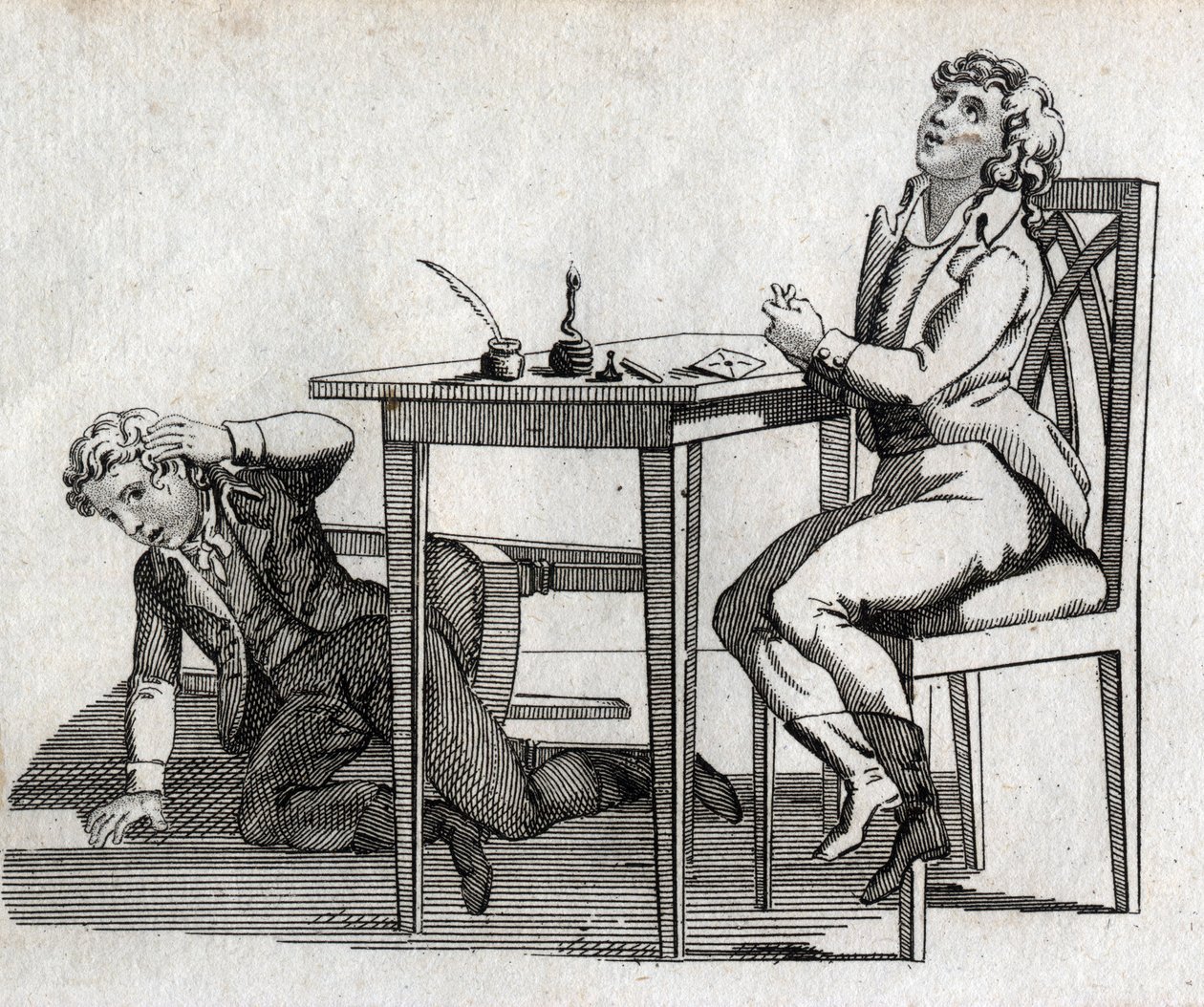 Uczniowie mają stół z kałamarzem. Grawerowanie pod koniec XVIII wieku. Prywatna kolekcja. autorstwa Unknown artist