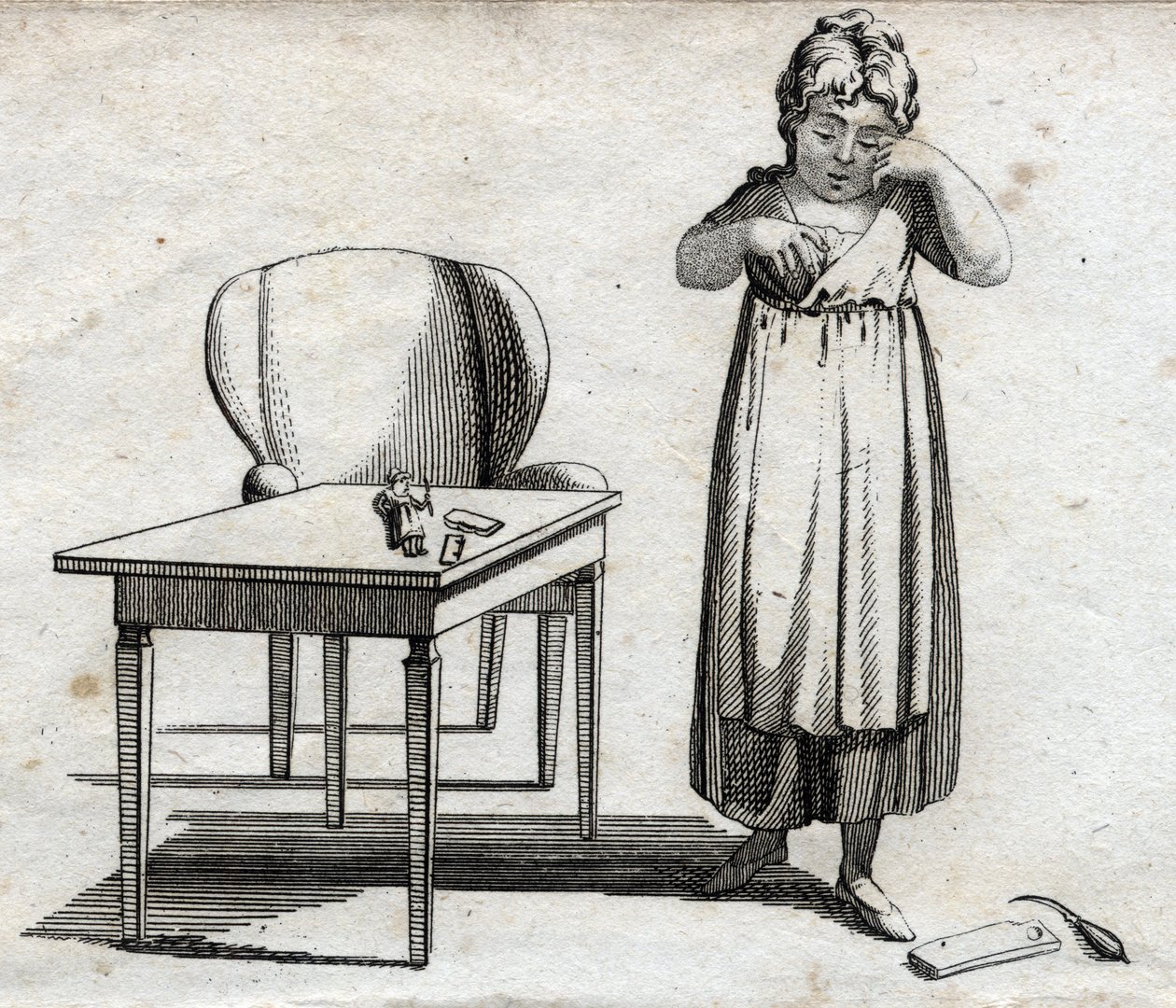 Uczennica chce odrobić pracę domową. Grawerowanie pod koniec XVIII wieku. Prywatna kolekcja. autorstwa Unknown artist