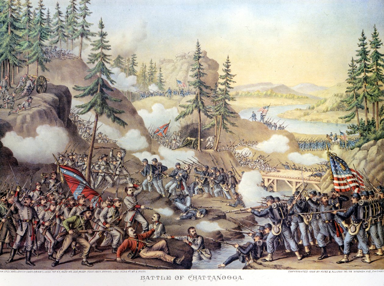 Wojna secesyjna (1861 - 1865) lub American Civil Giuerre: 24-25.11.1863: po dwóch dniach bitwy pod Chattanooga w stanie Tennessee, zwycięstwo Armii Północnej dowodzonej przez generała Rosecransa. Rytownictwo. autorstwa Unknown artist