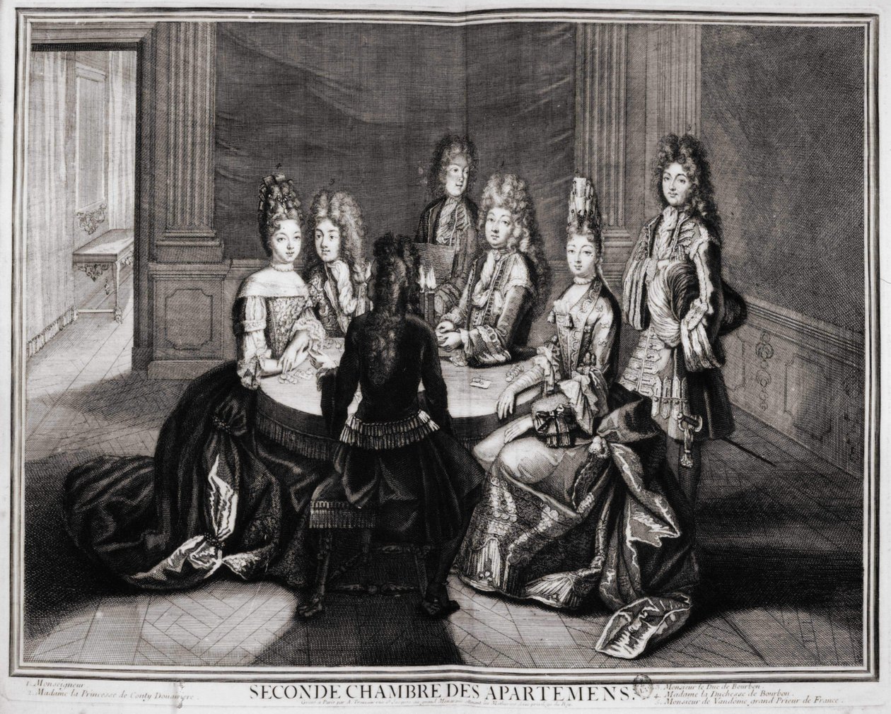 Drugi pokój apartamentów (Wersal): 1. Monsignor, 2. Madame Princess of Conty-Dowager, 3. Monsieur le Duke de Bourbon, 4. Madame the Duchess of Bourbon, 5. Monsieur de Vandôme, wielki przeor Francji. Rycina Trouvain, początek XVIII wieku autorstwa Unknown artist