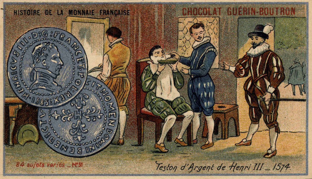 Seria Historia waluty francuskiej wydana przez Chocolat Guérin Boutron. XIX-wieczna chromolitografia. Srebrny teston Henryka III. 1574 autorstwa Unknown artist
