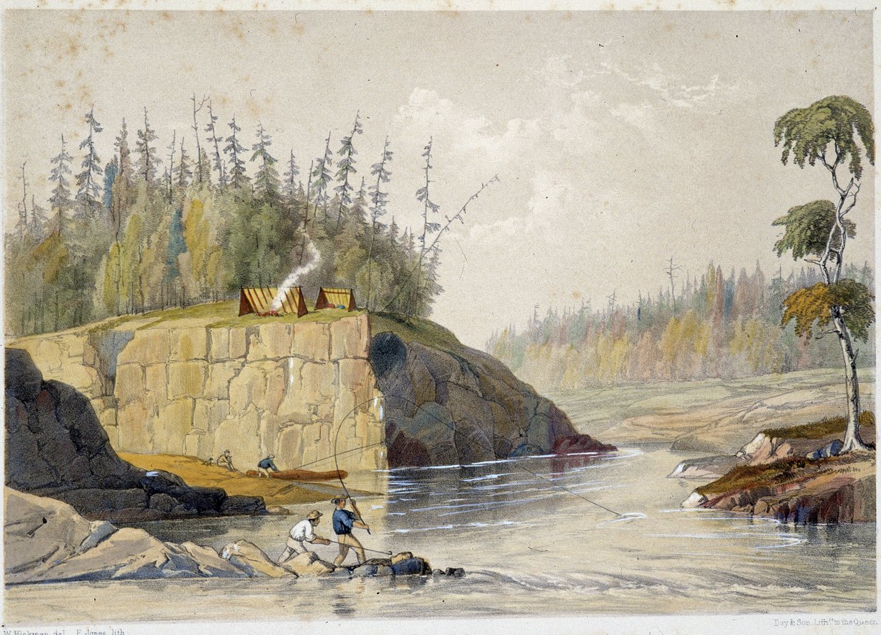 Osadnicy w Kanadzie łowią ryby w rzece - w „Szkice na nipisaguit rzece Nowego Brunszwiku w Ameryce” Williama Hickmana, wyd. Halifax autorstwa Unknown artist