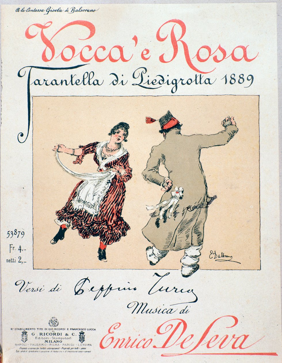 Okładka nutowa tarantelli Vocca e Rosa Enrico de Leva autorstwa Unknown artist