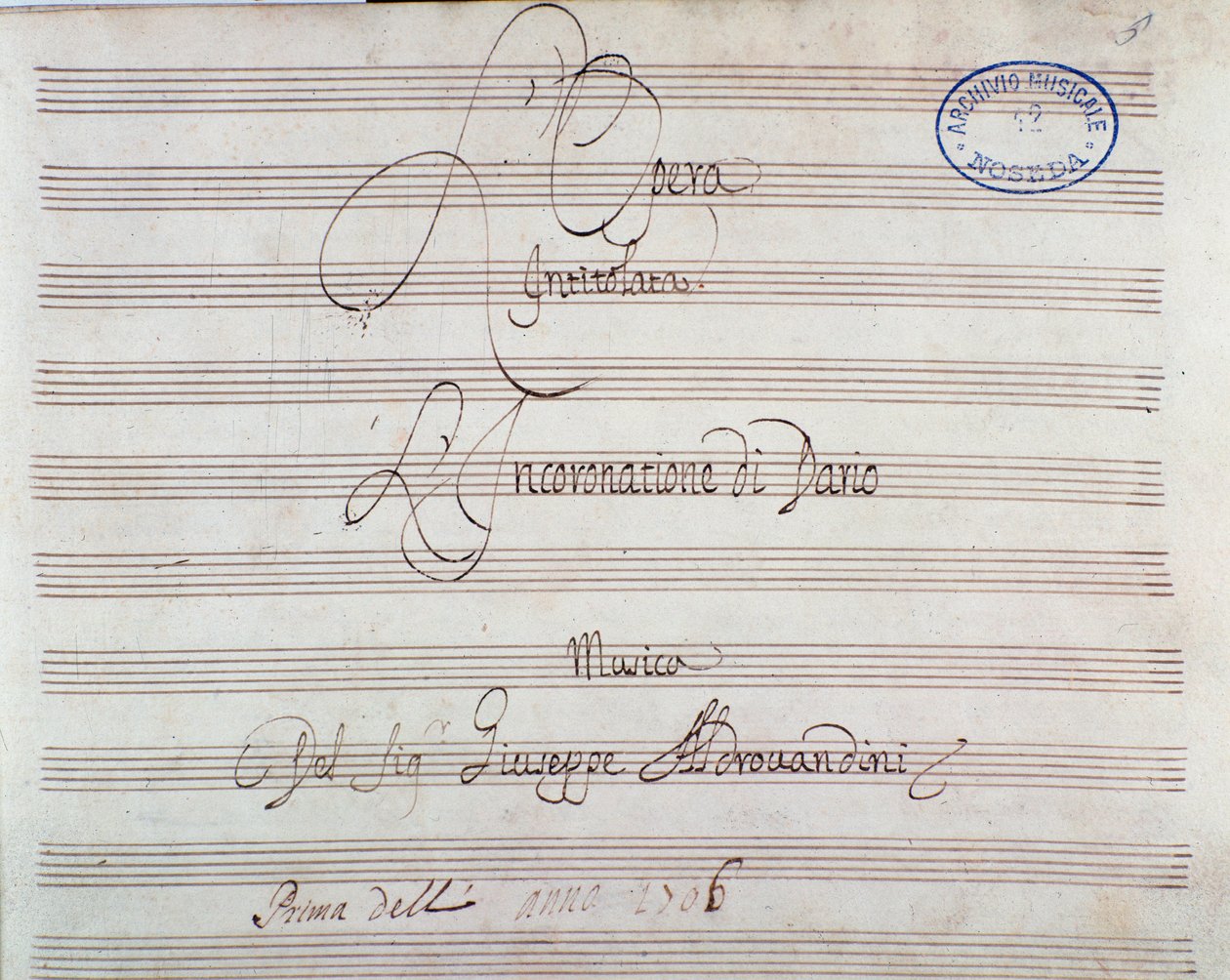 Strona z nutami do Koronacji Dariusza Giuseppe Aldrovandiniego (1703) autorstwa Unknown artist