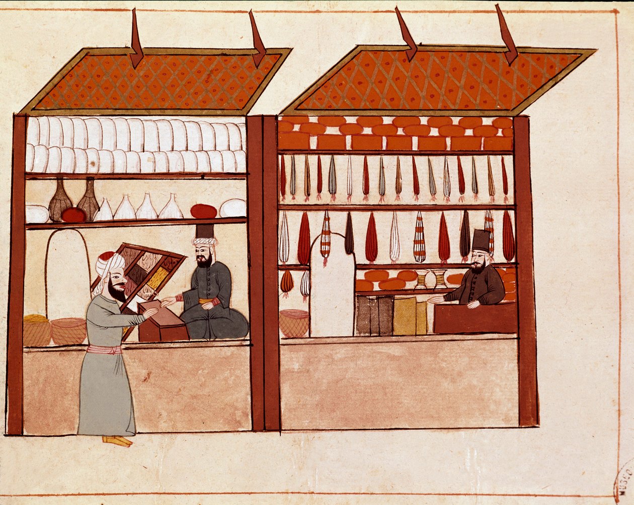 Sklepy na ulicach Konstantynopola. Miniatura zaczerpnięta z XIX-wiecznego rękopisu Cicogna (1828) po oryginale z XVII wieku (1671). Wenecja, Biblioteca Marciana autorstwa Unknown artist