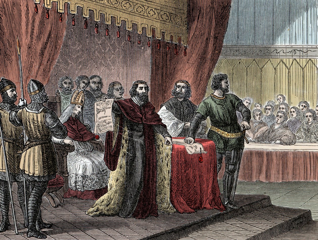Podpisanie „”Wielkiej Karty”” przez króla Johna Sans Terre (1167-1216) („” Magna Carta”) do Runnymede w dniu 15 czerwca 1215 r.” autorstwa Unknown artist