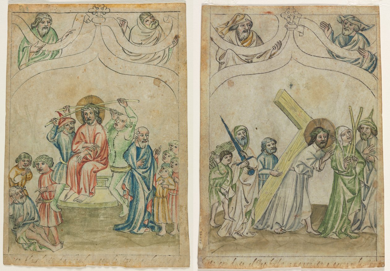 Pojedynczy liść z „Biblia Pauperum”: Chrystus ukoronowany cierniami (recto) Chrystus dźwigający krzyż (verso) autorstwa Unknown artist