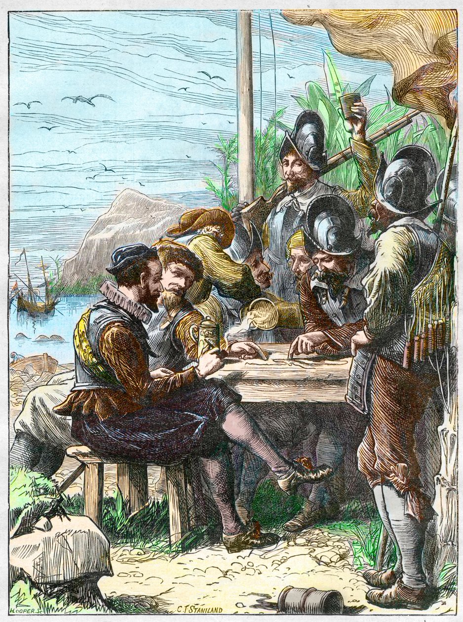 Sir Walter Raleigh na Trynidadzie, zdobywanie informacji od żołnierzy hiszpańskich w sprawie Gujany, 1595. - Wyprawa Waltera Raleigha autorstwa Unknown artist