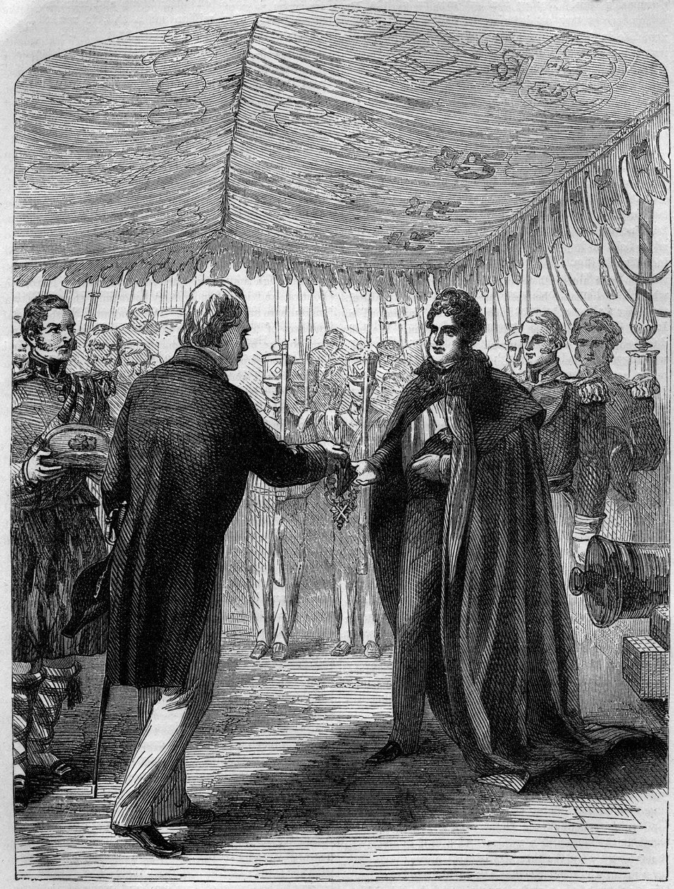 Sir Walter Scott wręcza krzyż św. Andrzeja królowi Jerzemu IV autorstwa Unknown artist