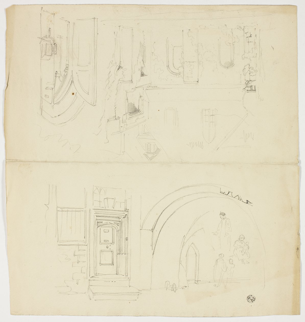 Szkice drzwi, postaci, budynku z bocznym wejściem do kościoła (recto); szkic iglicy (verso) autorstwa Unknown artist