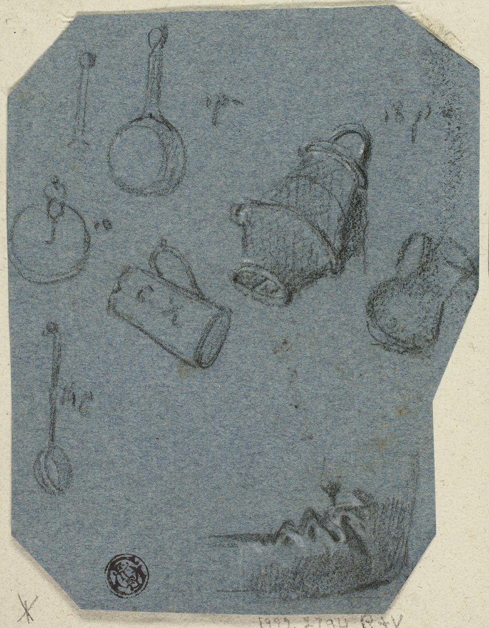 Szkice przyborów kuchennych, zgięte ramię (recto); scena historyczna (verso) autorstwa Unknown artist
