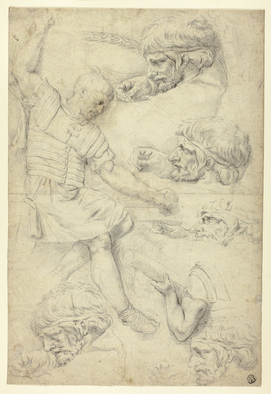 Szkice Żołnierza, głów z płaskorzeźby rzymskiej (recto); Szkice aktów męskich, z Reliefu rzymskiego (verso) autorstwa Unknown artist