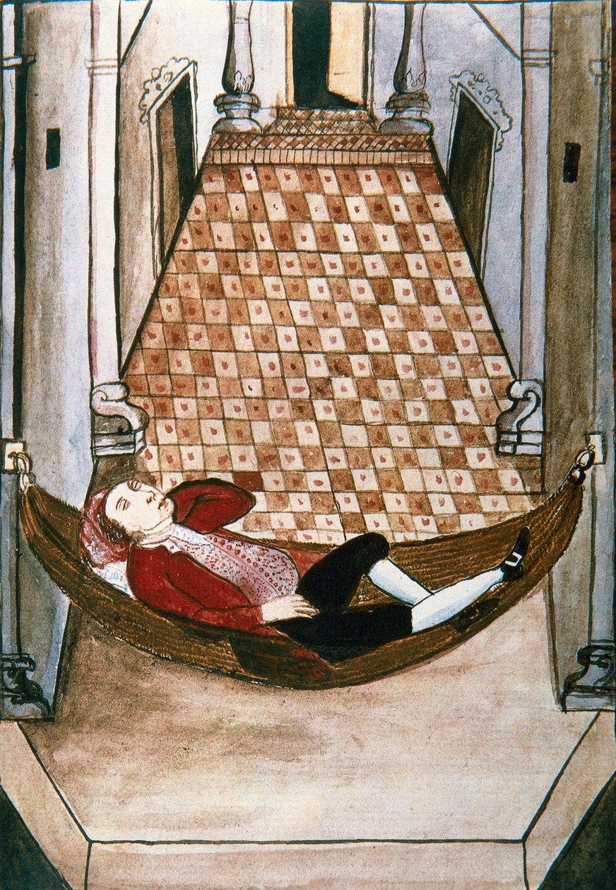 Senny Hiszpan w hamaku bogatego pałacu, z książki „Trujillo del Peru” lub „Codex Martinez Companion”, autorstwa Baltazara Martineza Companion i Bujandy, biskupa Trujillo (1782-1785) autorstwa Unknown artist