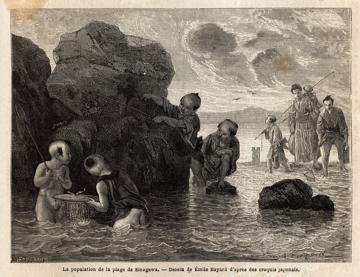 Małe wędkowanie na plaży w Sinagawie, dzieci pluskają się w wodzie i łowią kraby i małe ryby. Rycina ilustrująca podróż do Japonii w latach 1863-1864, autorstwa Aime Humberta, ministra Konfederacji Szwajcarskiej, w „Le tour du monde, nouveau j autorstwa Unknown artist