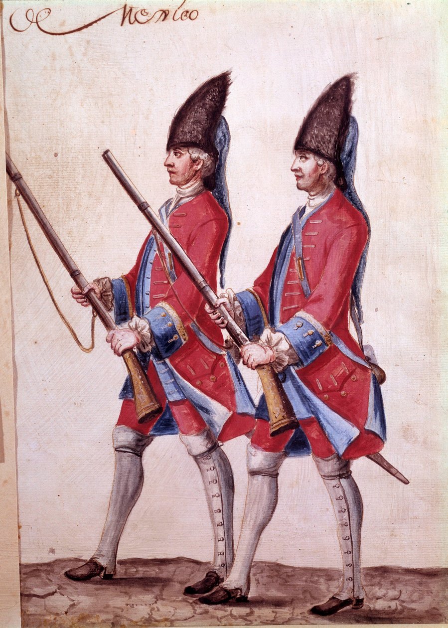Żołnierze pułku meksykańskiego, fragment akwareli z XVIII wieku. autorstwa Unknown artist