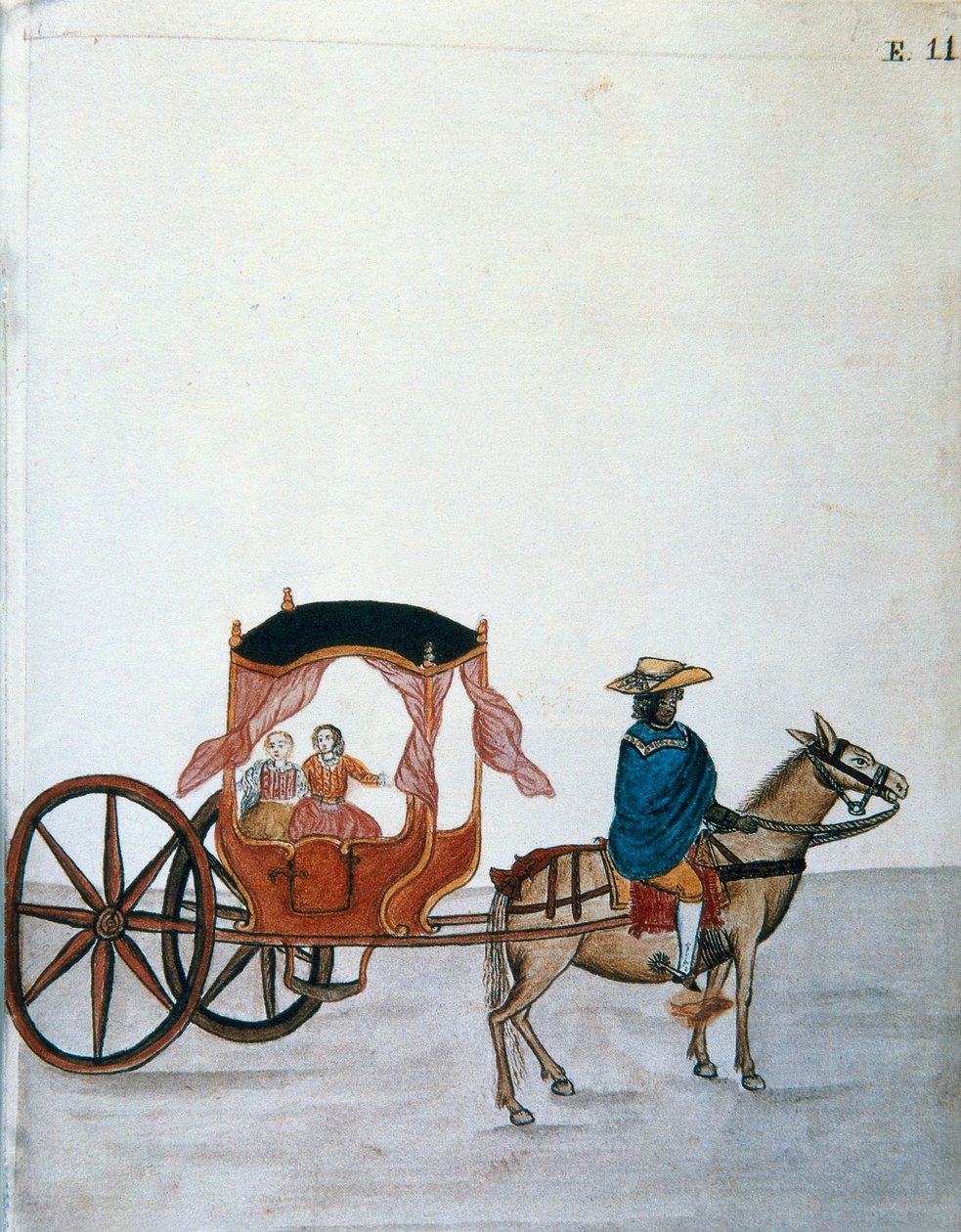 Hiszpanki w powozie konnym prowadzonym przez Indianina, z książki „Trujillo of Peru” lub „Codex Martinez Companion”, autorstwa Baltazara Martineza Companion i Bujandy, biskupa Trujillo (1782-1785) autorstwa Unknown artist