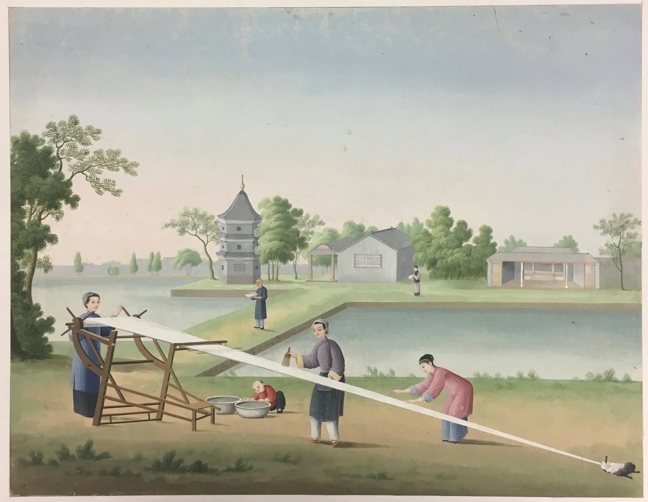 Przędzenie tkanin, przygotowywanie liści herbaty, przygotowywanie jedwabiu autorstwa Unknown artist