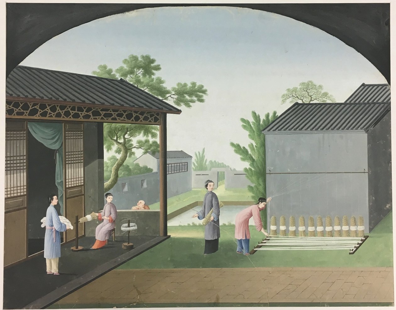 Przędzenie tkanin, przygotowywanie liści herbaty, przygotowywanie jedwabiu autorstwa Unknown artist