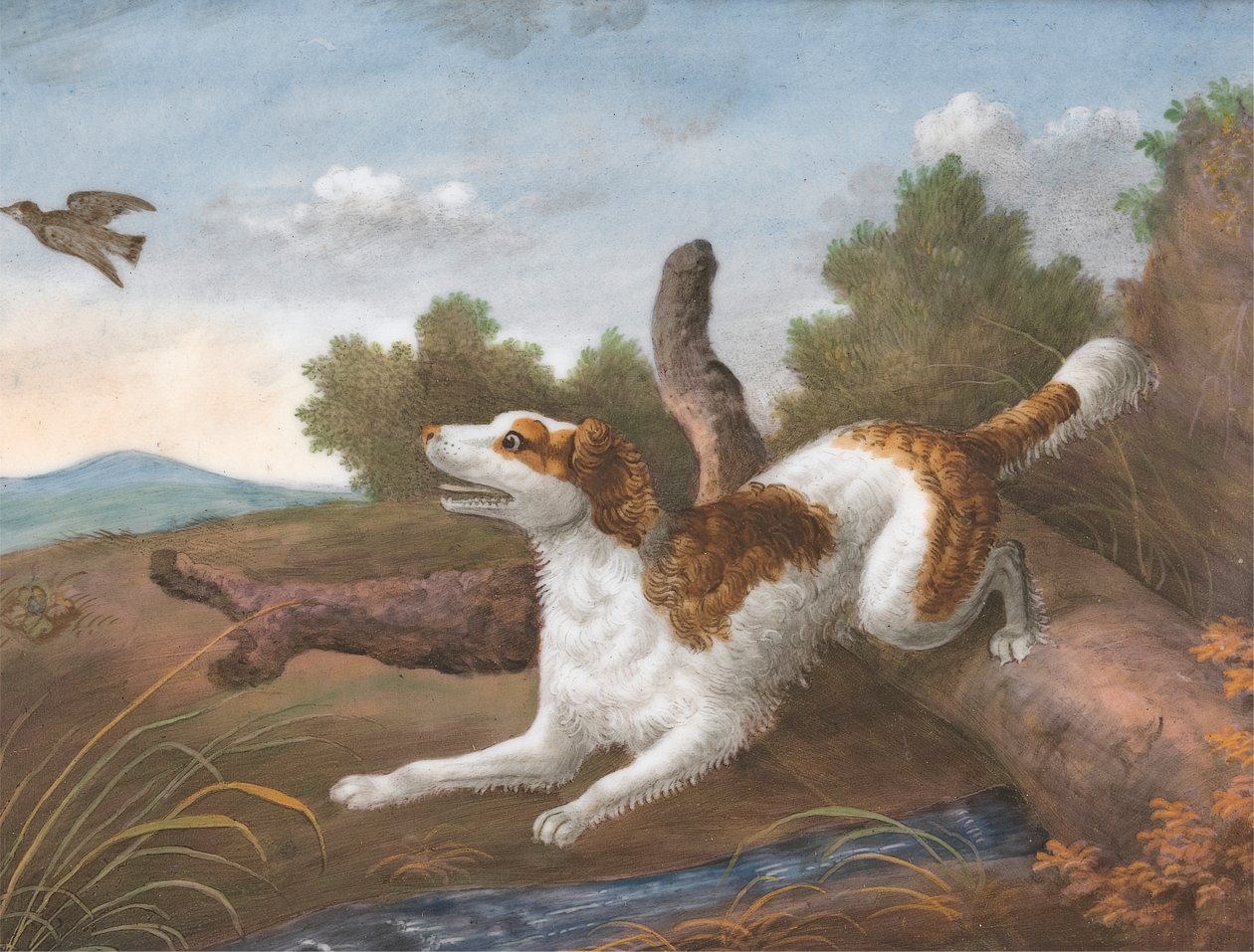 Springer: Spaniel skaczący przez kłodę, by wypuścić bekasa po lewej stronie autorstwa Unknown artist