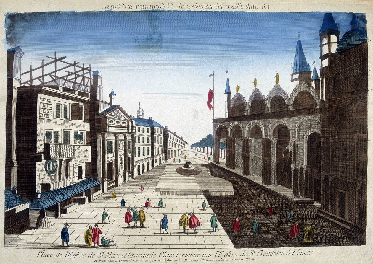 Plac przy kościele św. Marka i Wielki Plac zakończony kościołem św. Geminina w Wenecji. Rycina z XVIII wieku. autorstwa Unknown artist