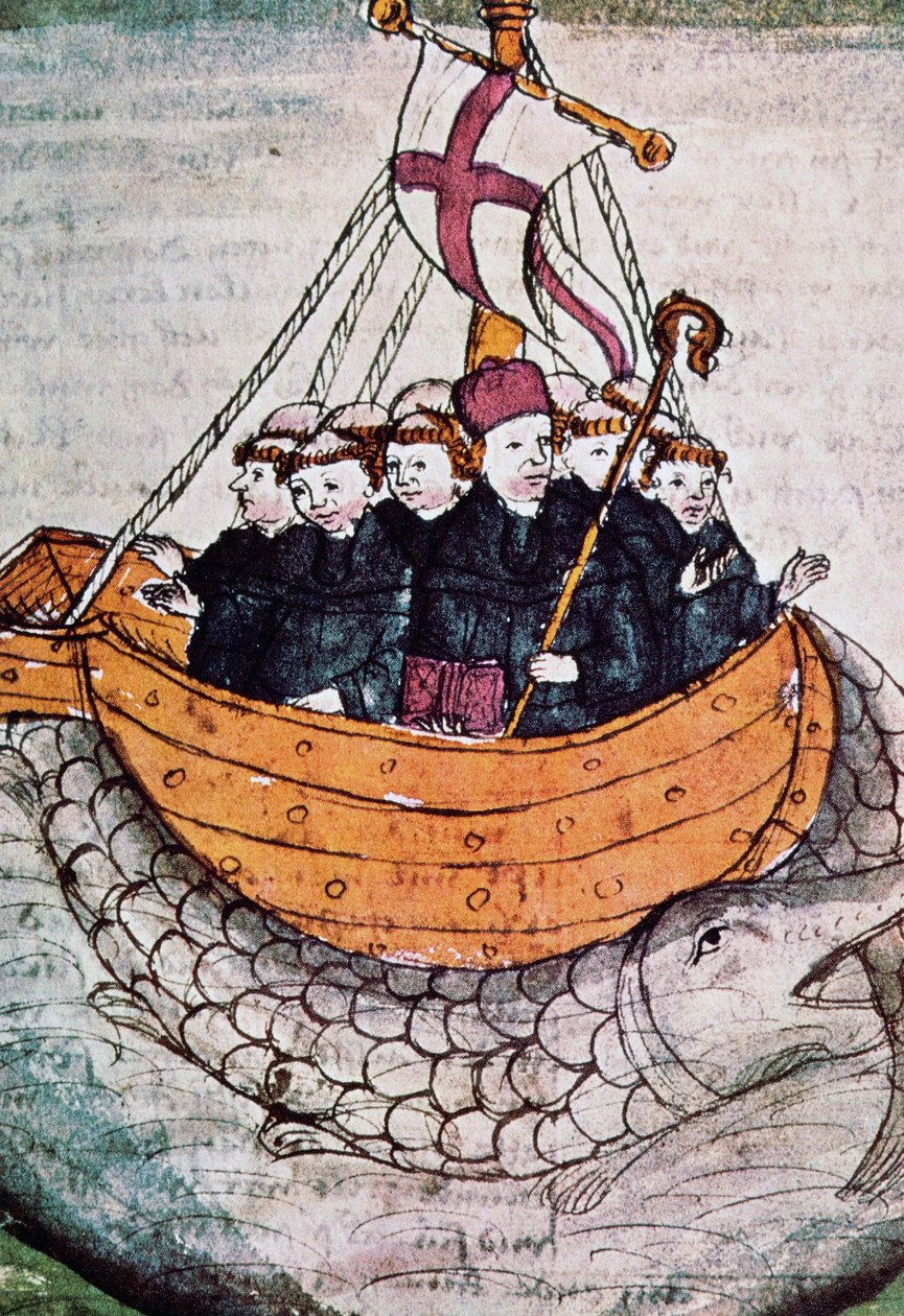 Św. Brendan na wielorybie, miniatura z niemieckiego tłumaczenia rękopisu autorstwa Unknown artist