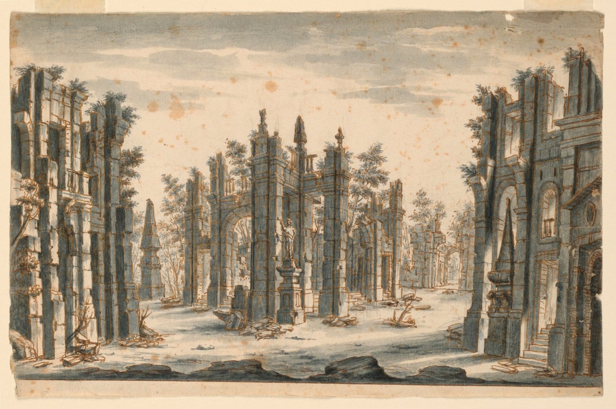 Scenografia, Zespół Zrujnowanych Budynków z Obeliskami autorstwa Unknown artist
