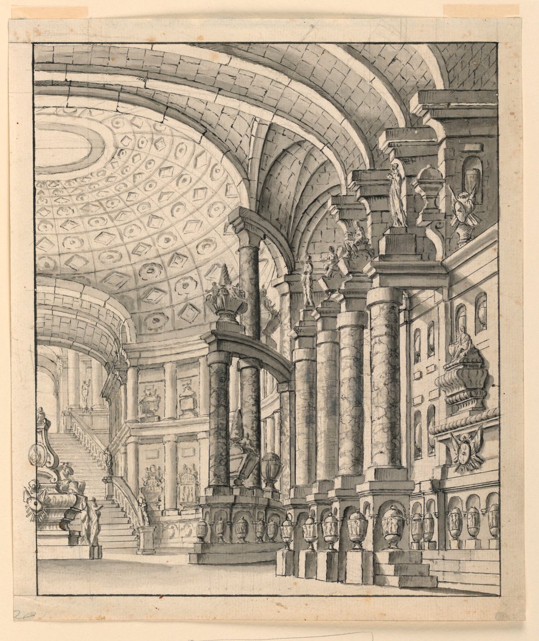 Scenografia: Sala z sufitem kasetonowym i urnami autorstwa Unknown artist