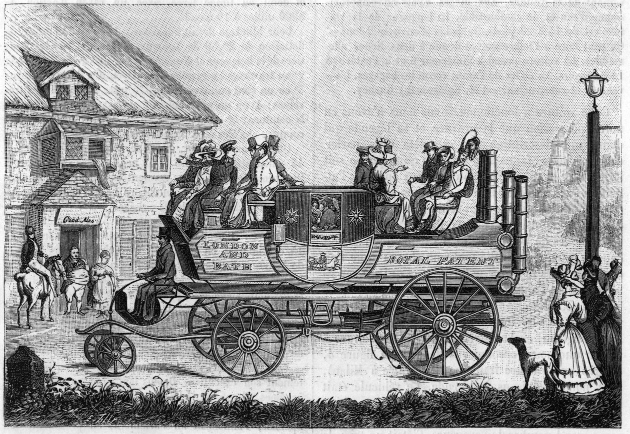 Samochód parowy z Gurney (Gurney Goldsworthy) eksperymentował w Londynie w 1827 roku. autorstwa Unknown artist