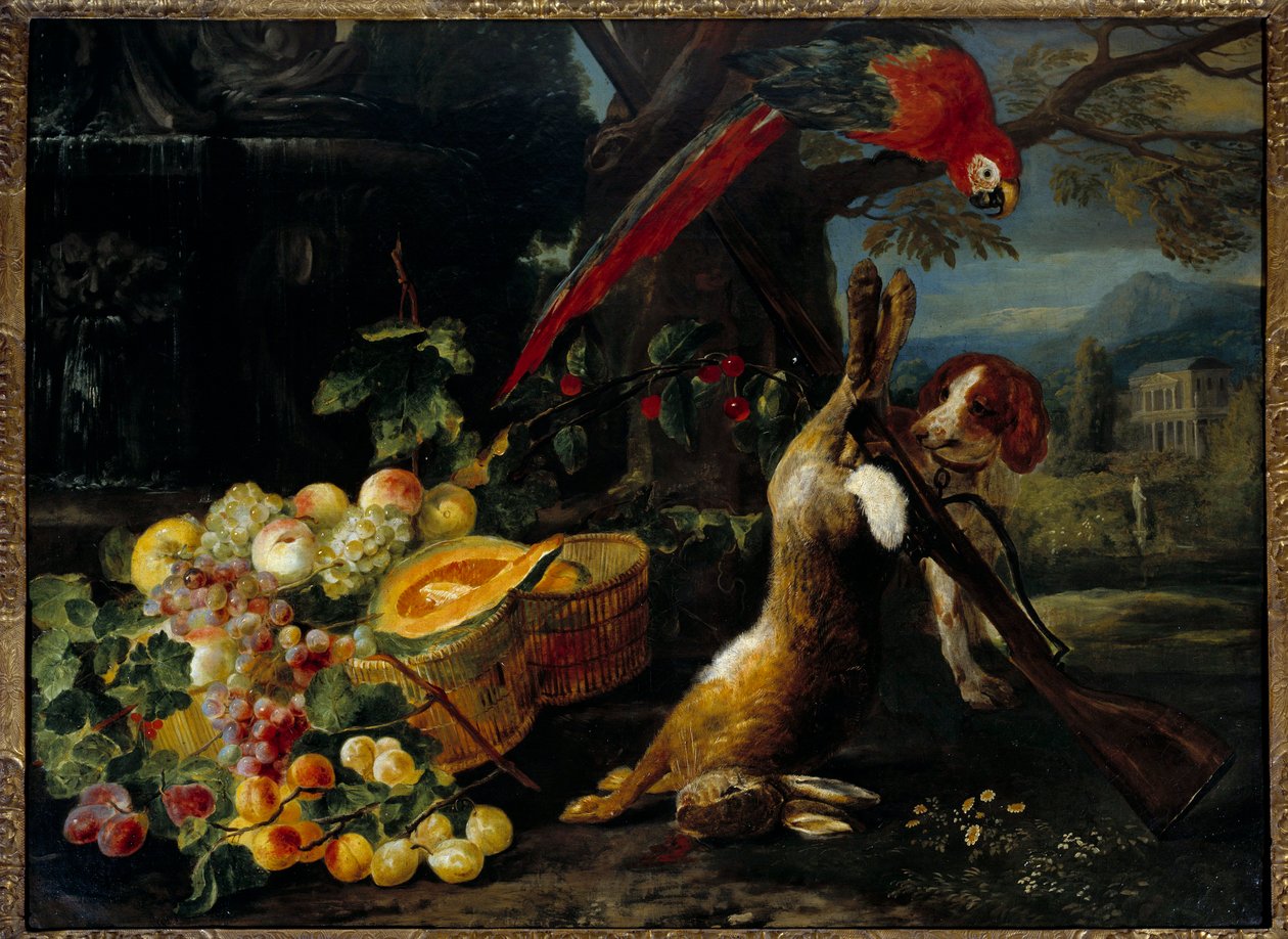 Martwa natura z dziczyzny, papugi i owoców Anonimowe malarstwo XVIII-wiecznego Paryża, Sztuka dekoracyjna autorstwa Unknown artist