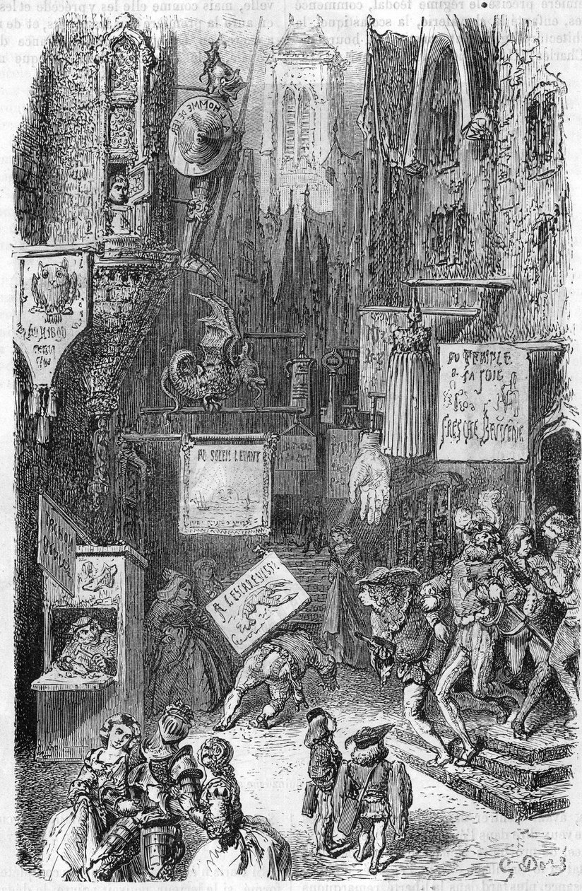Scena uliczna w średniowieczu. Grawerowanie z XIX wieku. autorstwa Unknown artist