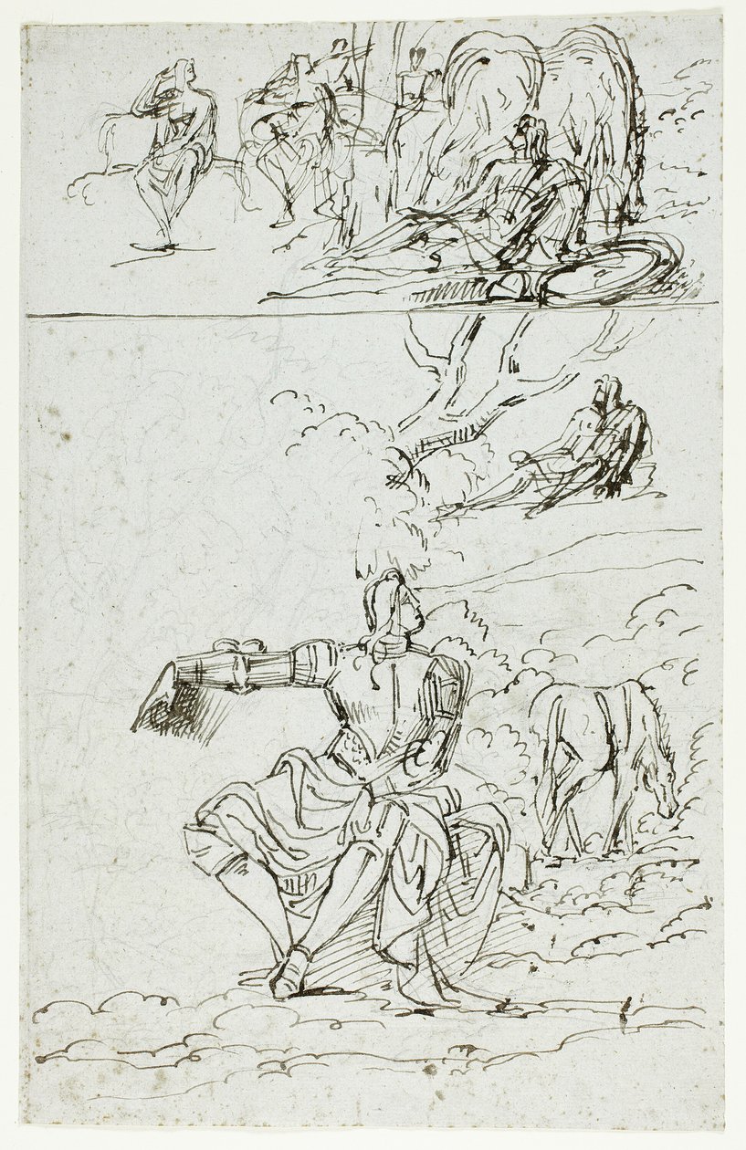 Plansza studyjna z siedzącym rycerzem (recto); stojąca postać męska w średniowiecznym stroju (verso) autorstwa Unknown artist