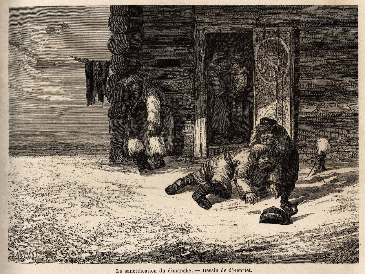 Niedzielne uświęcenie ma likier kminkowy, robotnicy Dorpatu. Rysunek Henrieta, ilustrujący jego podróż do rosyjskich prowincji bałtyckich w latach 1851-54. Grawerowanie w „”Le tour du monde””, pod redakcją Edouarda Chartona autorstwa Unknown artist