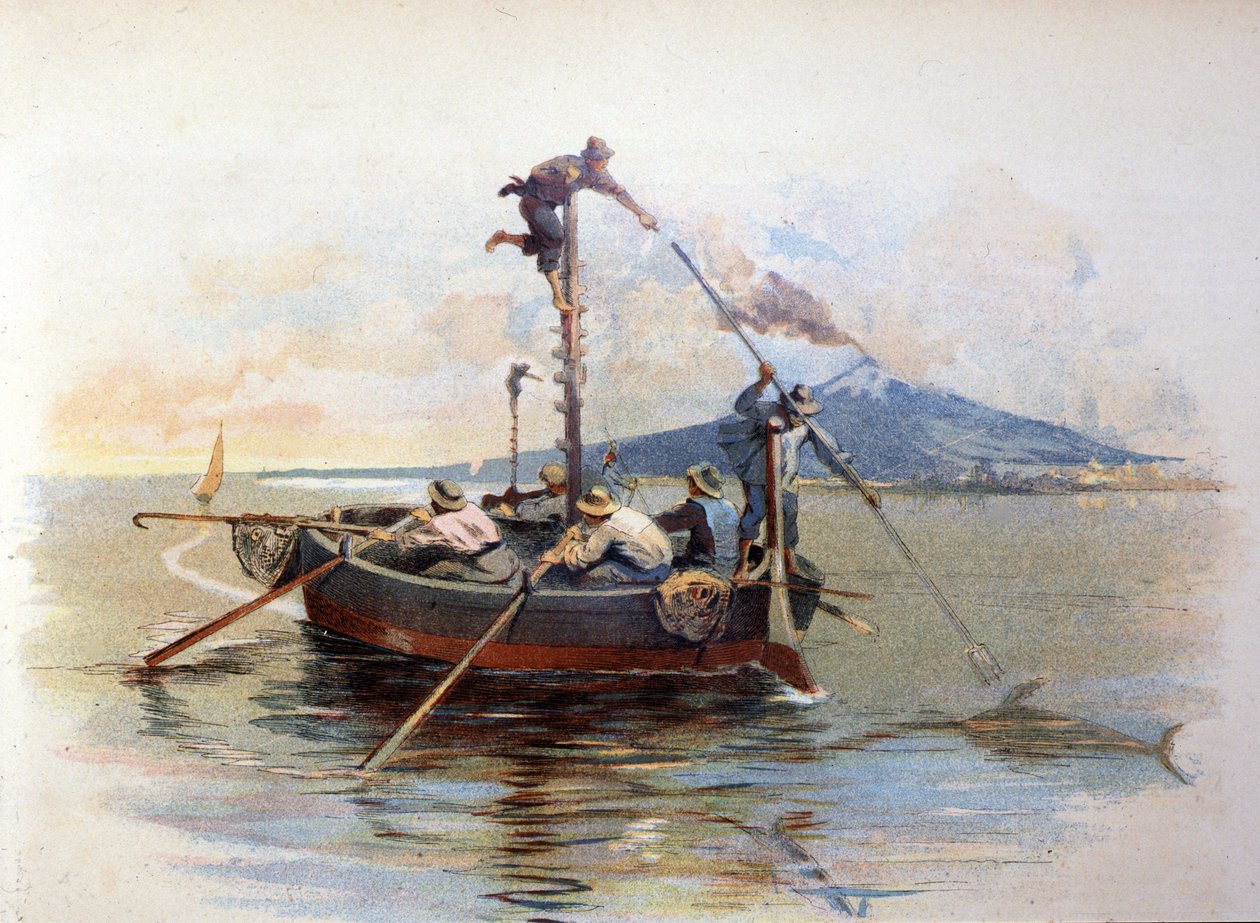 Miecznik łowiący harpunem w Detroit of Messina na Sycylii. Akwarela 1898 autorstwa Unknown artist