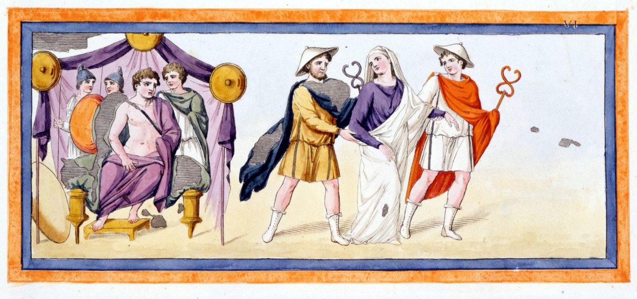 Talthybios i Eurybates zabierają dziewiczą Briseis przed Achillesa, który stoi w namiocie Myrmidonów. Iliada Chant I, t. 345. Rycina z końca XVIII wieku. autorstwa Unknown artist